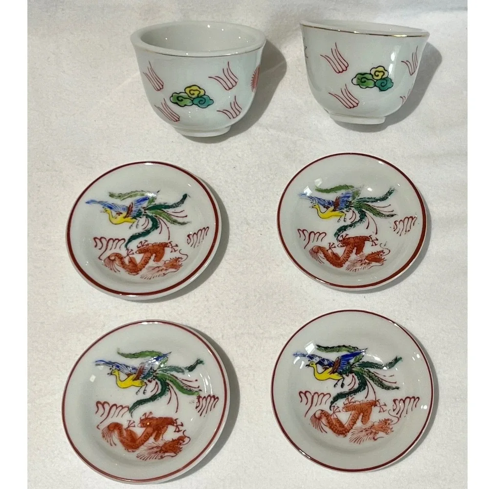 Vintage Chinese Porcelain Dragon Phoenix Tea Cup and Saucer Set of 6 Handpainted
